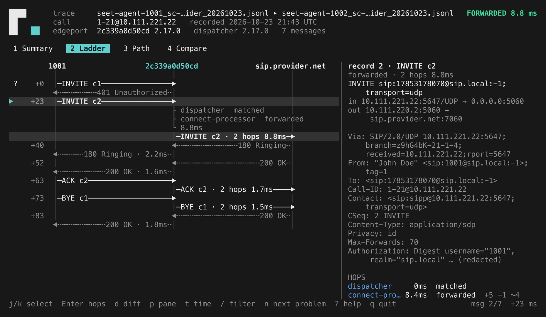 The rctl trace replay ladder of a call through Routr, message by message.